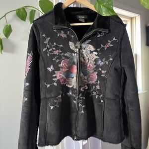 Elvissa Black suede jacket with faux fur collar and hear and floral detailing